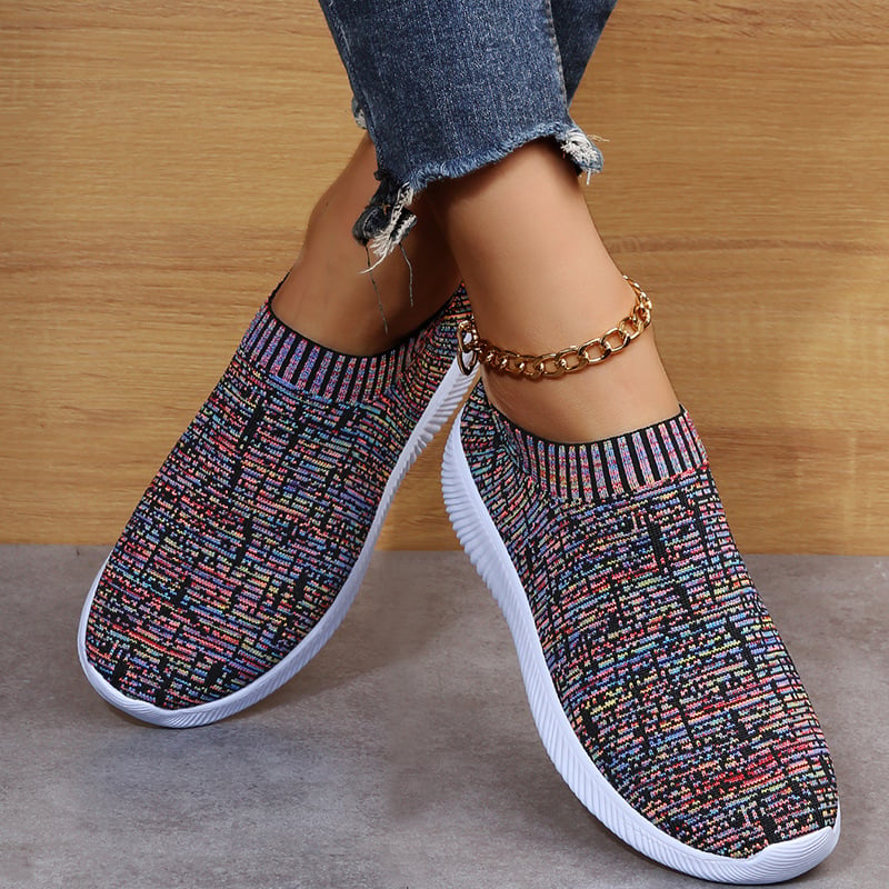 Damskie Dzianinowe Buty Typu Sock z Paskami, Okrągłym Noskiem i Płaską Podeszwą