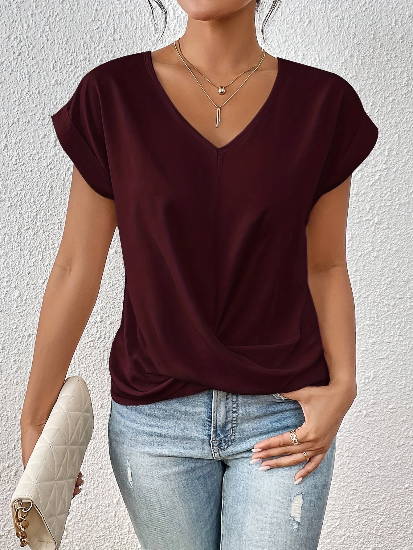 Damski T-Shirt Z Dekoltem W Serek, Krótkim Rękawem I Lekkim Krojem