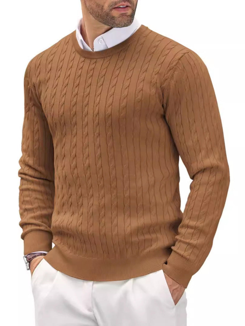 Męski Sweter Jesienny Dzianinowy Slim Fit Skręcony Wzór Okrągły Dekolt