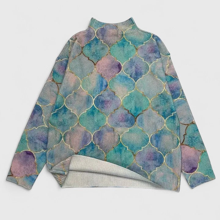 Sweter Damski Dzianinowy W Pastelowym Wzorze Z Wysokim Kołnierzem