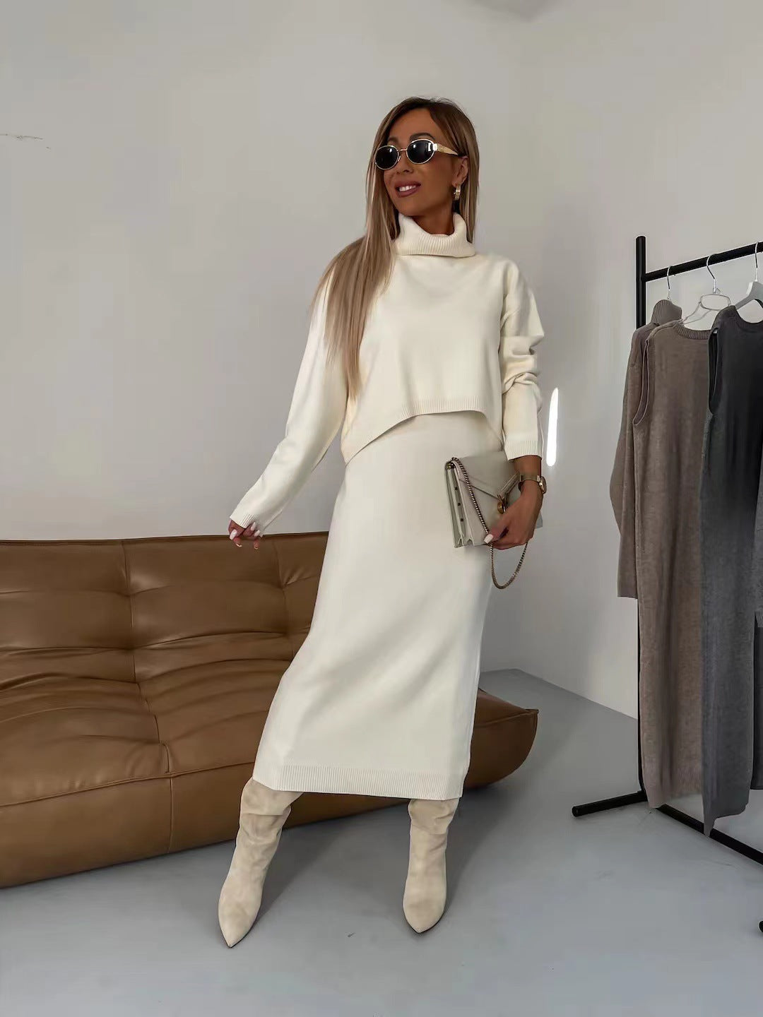 Dwuczęściowy Komplet Swetrowy Dla Kobiet Na Zimę Z Golfem I Długą Sukienką Bez Rękawów