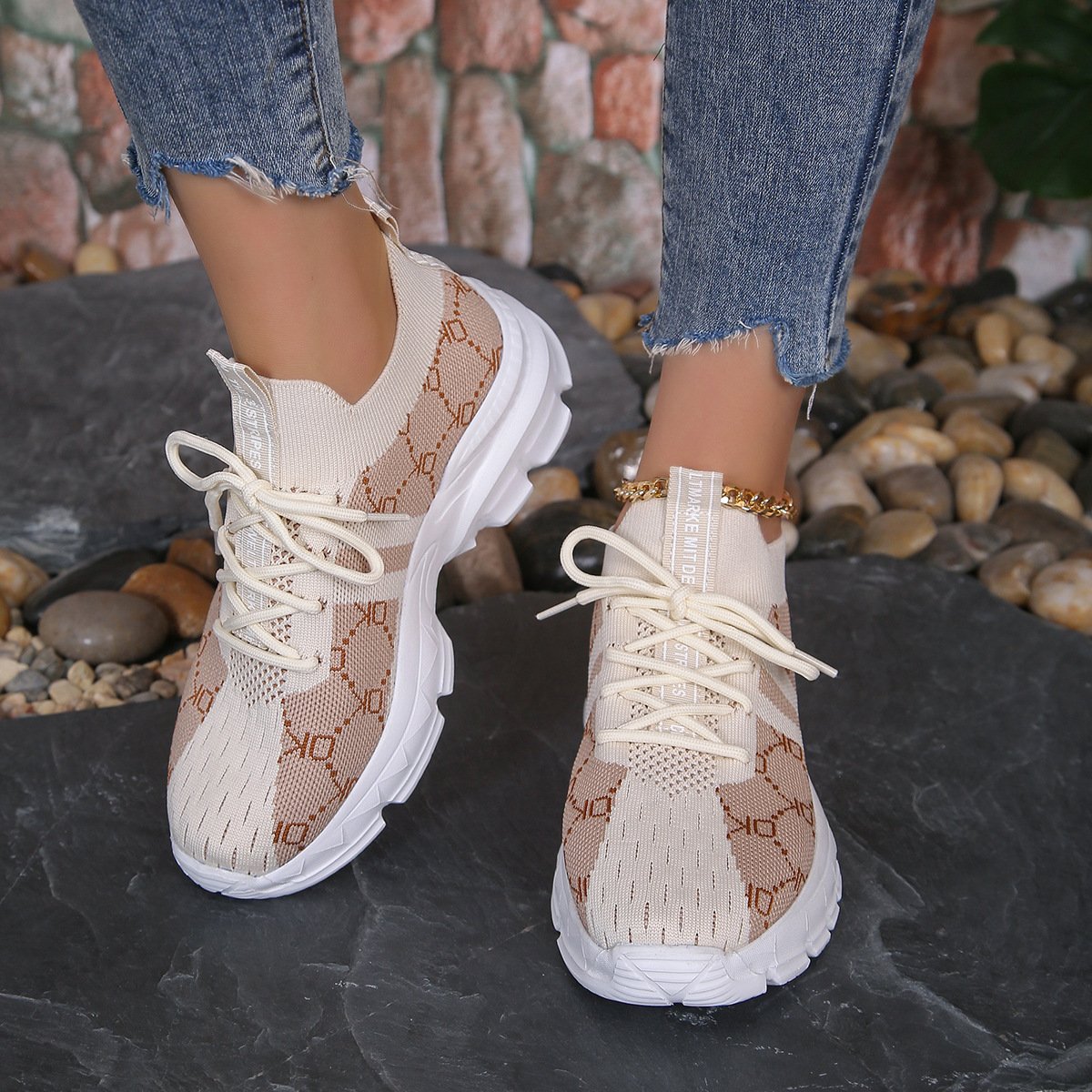 Damskie Sneakersy Siateczkowe ze Sznurowaniem, Okrągłym Noskiem i Płaską Gumową Podeszwą