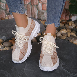 Damskie Sneakersy Siateczkowe ze Sznurowaniem, Okrągłym Noskiem i Płaską Gumową Podeszwą