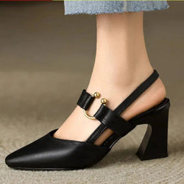 Damskie Buty Na Obcasie Typu Slingback Z Noskiem W Szpic, Regulowany Pasek, Zlote Detale