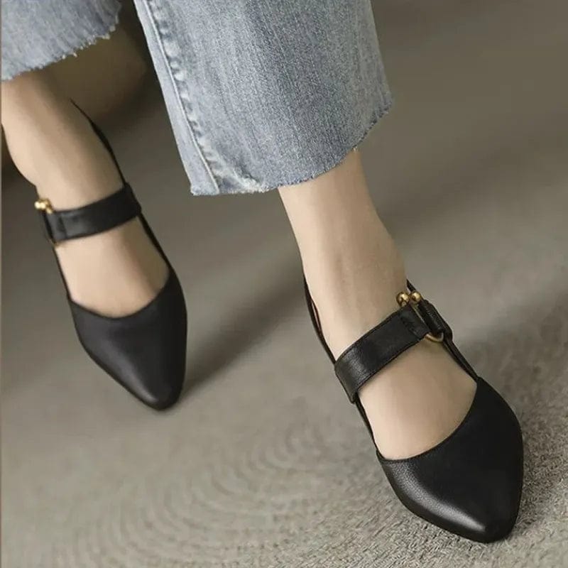Damskie Buty Na Obcasie Typu Slingback Z Noskiem W Szpic, Regulowany Pasek, Zlote Detale