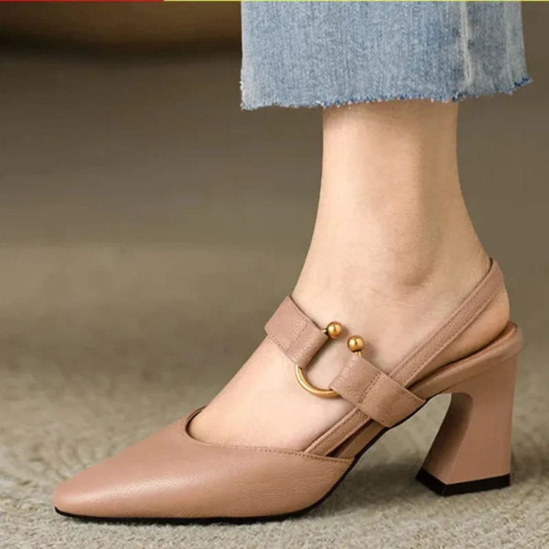 Damskie Buty Na Obcasie Typu Slingback Z Noskiem W Szpic, Regulowany Pasek, Zlote Detale