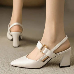 Damskie Buty Na Obcasie Typu Slingback Z Noskiem W Szpic, Regulowany Pasek, Zlote Detale
