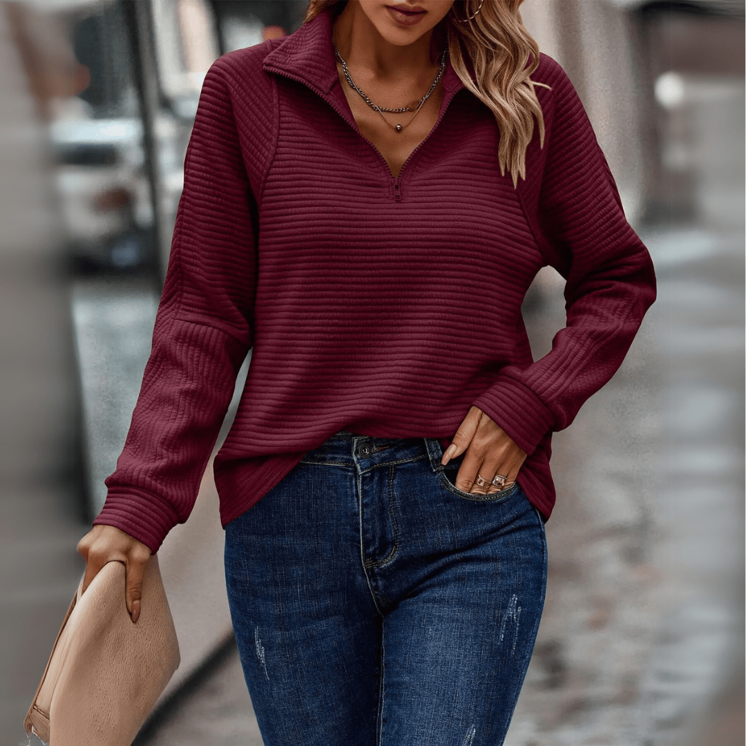 Damska Bluza Half Zip Teksturowane Wykończenie Luźny Krój