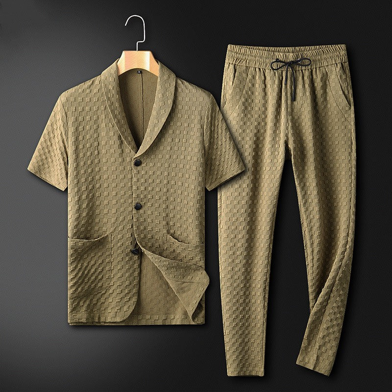 Męski Komplet Loungewear – Koszula Na Guziki Ze Stójką I Luźne Spodnie Z Kieszeniami