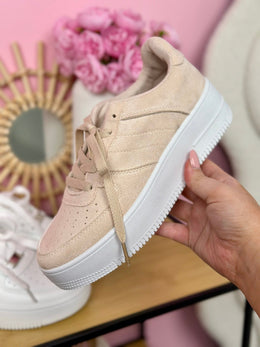 Damskie Sneakersy Platformowe z Beżową Cholewką z Zamszu Ekologicznego do Codziennego Noszenia