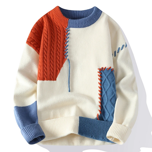 Męski Sweter Dzianinowy Z Panelami Kablowymi Patchwork I Akcentami Ściegu Whipstitch