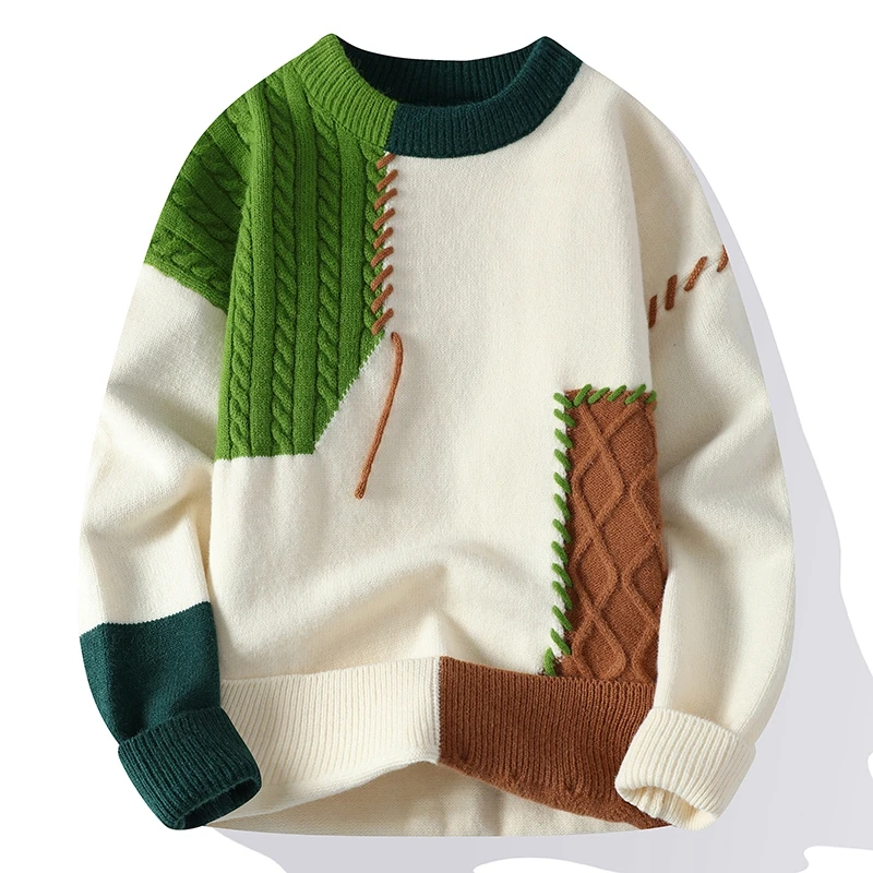 Męski Sweter Dzianinowy Z Panelami Kablowymi Patchwork I Akcentami Ściegu Whipstitch