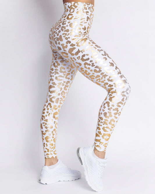 Damskie Legginsy Sportowe Z Wysokim Stanem I Metalicznym Nadrukiem W Panterke