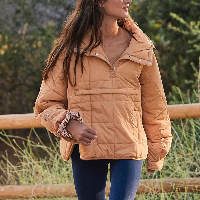Damska Zimowa Pikowana Bluza Pullover Z Kapturem