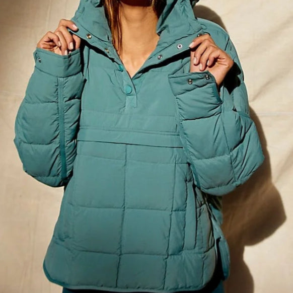 Damska Zimowa Pikowana Bluza Pullover Z Kapturem