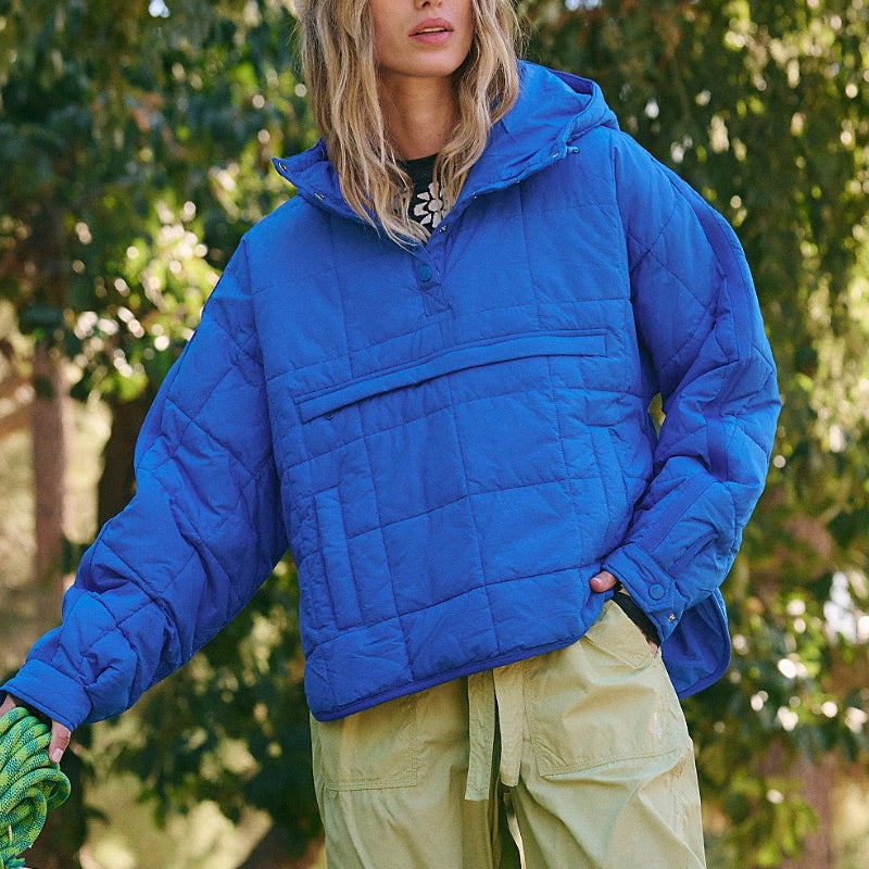 Damska Zimowa Pikowana Bluza Pullover Z Kapturem