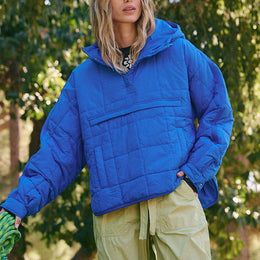 Damska Zimowa Pikowana Bluza Pullover Z Kapturem