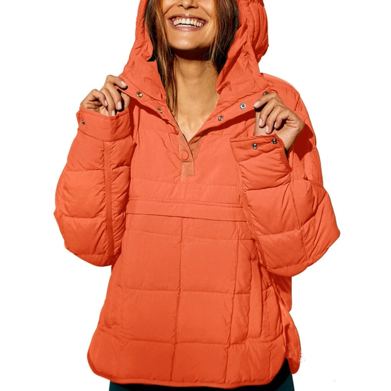 Damska Zimowa Pikowana Bluza Pullover Z Kapturem
