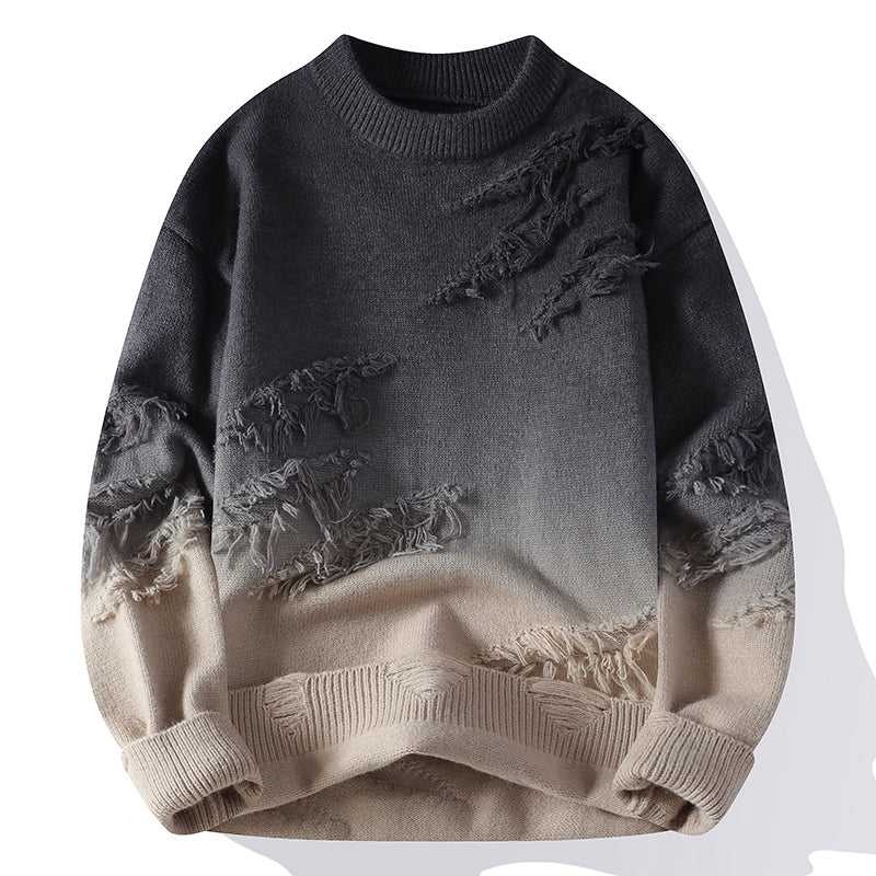 Męski Sweter Z Efektem Ombre I Postrzępionymi Detalami