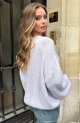 Damski Oversize Sweter Dzianinowy z Okrągłym Dekoltem i Bufiastymi Rękawami