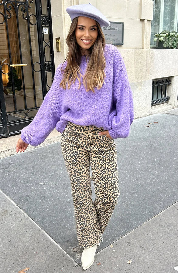 Damski Oversize Sweter Dzianinowy z Okrągłym Dekoltem i Bufiastymi Rękawami