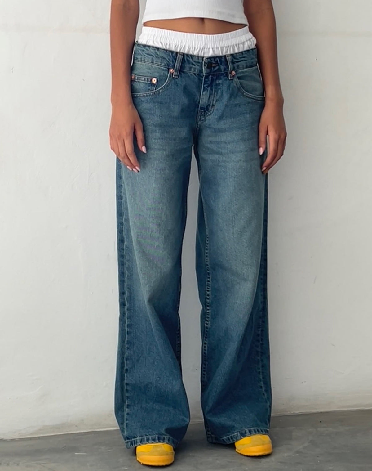 Jeansy Damskie Bardzo Szerokie, Niski Stan, Vintage Wash