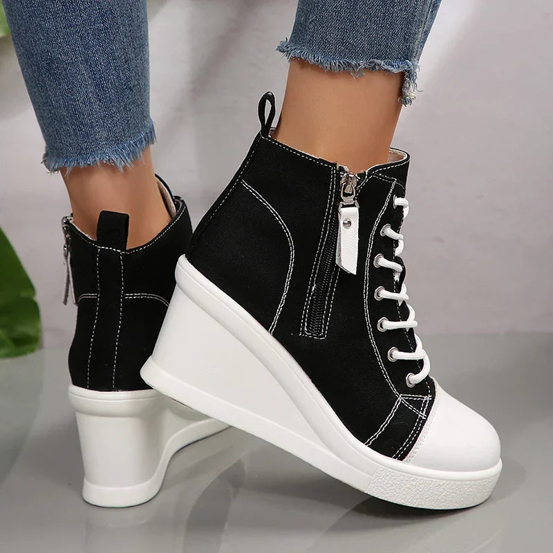 Damskie Sneakersy na Koturnie z Zamkiem Boczny i Sznurowaniem
