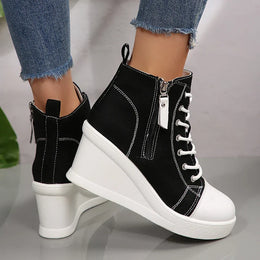 Damskie Sneakersy na Koturnie z Zamkiem Boczny i Sznurowaniem