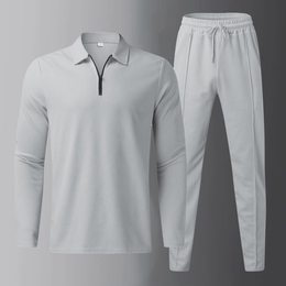 Męski Komplet Casual Long Sleeve Polo Shirt and Jogger Pants Drawstring Waist