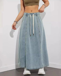 Spódnica Maxi Z Mieszanki Jeansu Dla Kobiet Z Elastyczną Talią I Sznurkiem Ściągającym