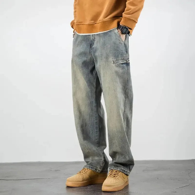 Męskie Jeansy Stone Washed Prosty Krój Wzmocnione Kieszenie