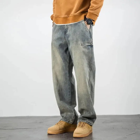 Męskie Jeansy Stone Washed Prosty Krój Wzmocnione Kieszenie