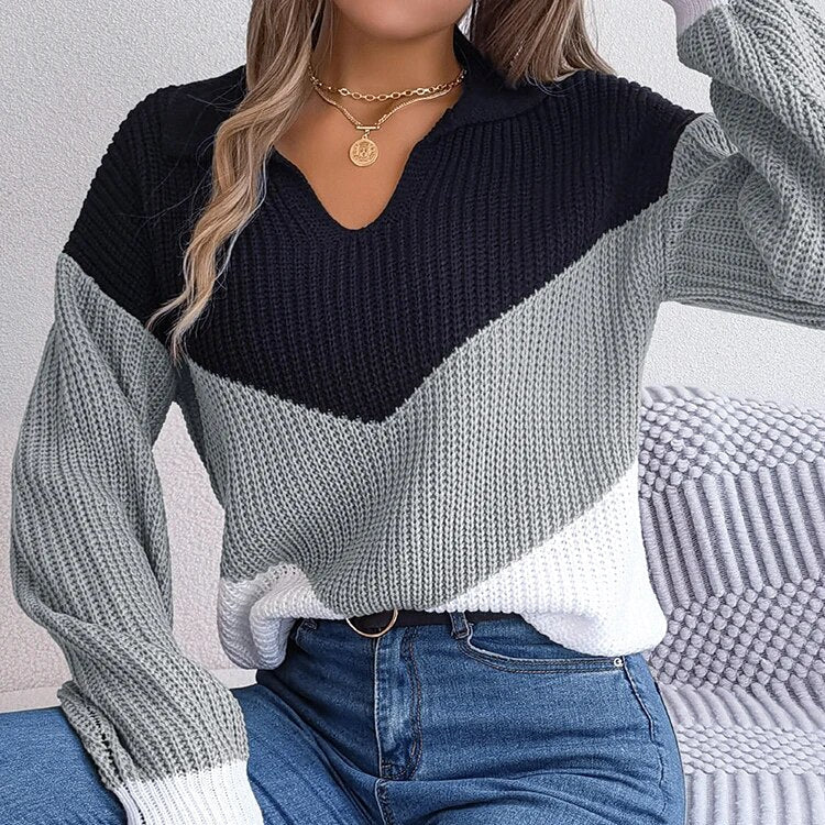 Damski Sweter Dzianinowy V-Neck Kolorowe Bloki