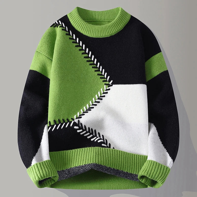 Męski Pulower z Geometrycznym Wzorem Color Blocking i Prążkowanym Wykończeniem