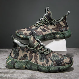 Męskie Sneakersy z Oddychającą Siatką, Wzorem Kamuflażu i Grubą Podeszwą