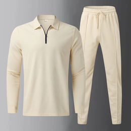 Męski Komplet Casual Long Sleeve Polo Shirt and Jogger Pants Drawstring Waist