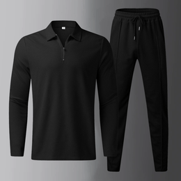 Męski Komplet Casual Long Sleeve Polo Shirt and Jogger Pants Drawstring Waist