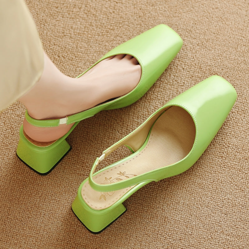 Damskie Buty Na Obcasie Typu Slingback Z Kwadratowym Noskiem I Blokowym Obcasem, Błyszczące Wykończenie