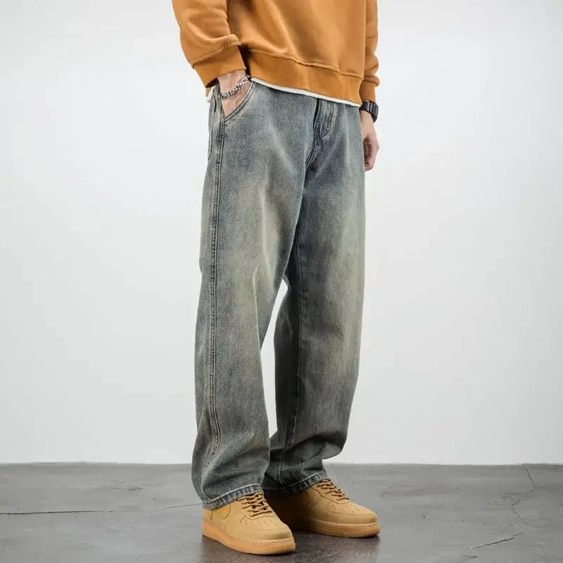 Męskie Jeansy Stone Washed Prosty Krój Wzmocnione Kieszenie