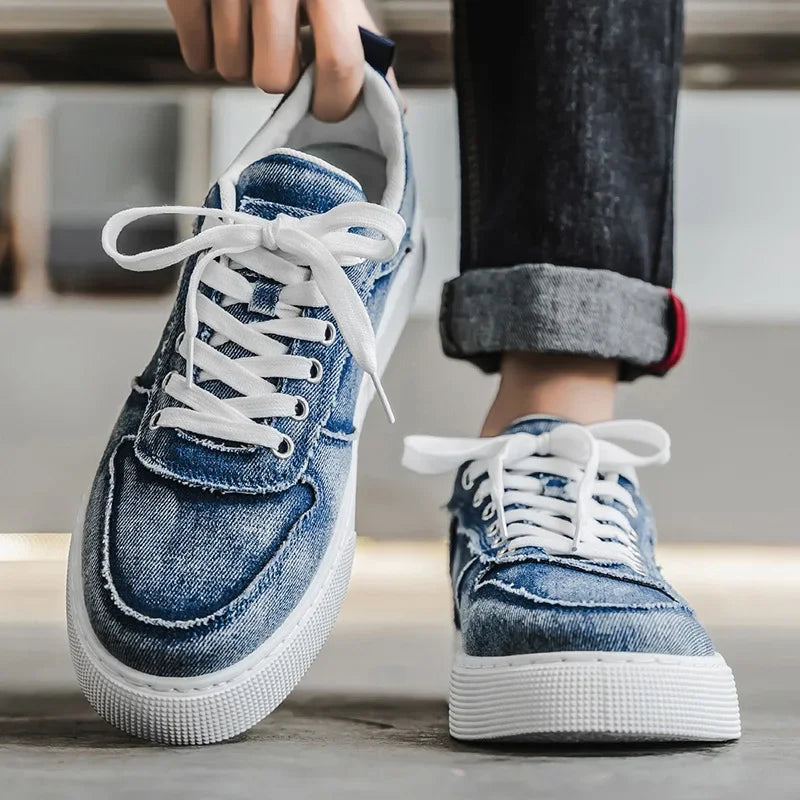 Męskie Sneakersy Niskie z Efektem Sprania i Sznurowaniem