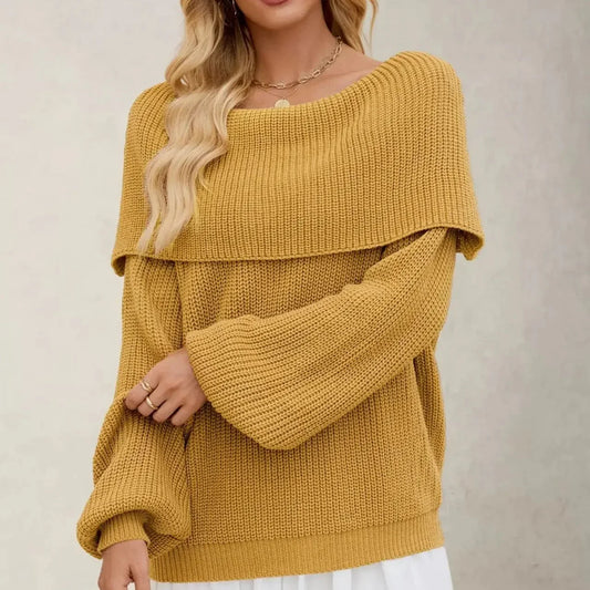 Damski Sweter Dzianinowy Wywijany Dekolt Szerokie Rękawy
