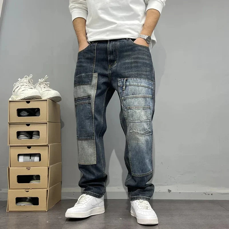 Męskie Jeansy Patchwork Cargo Zwężane Nogawki
