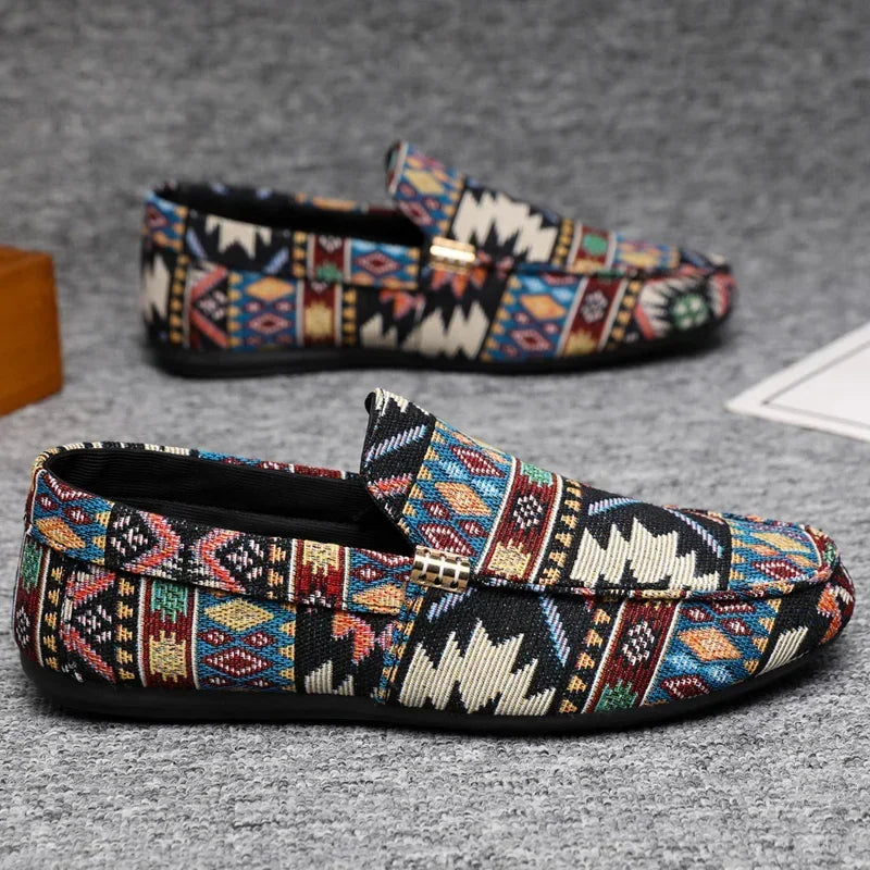 Męskie Mokasyny Canvas z Azteckim Wzorem i Gumową Podeszwą