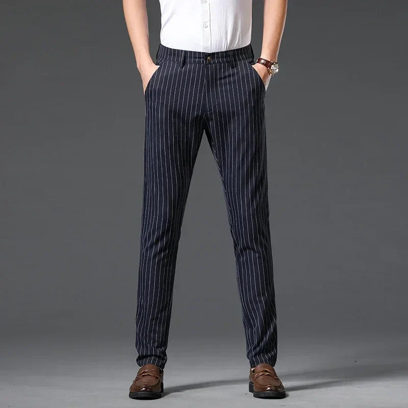 Męskie Spodnie w Paski Slim Fit Stan Średni