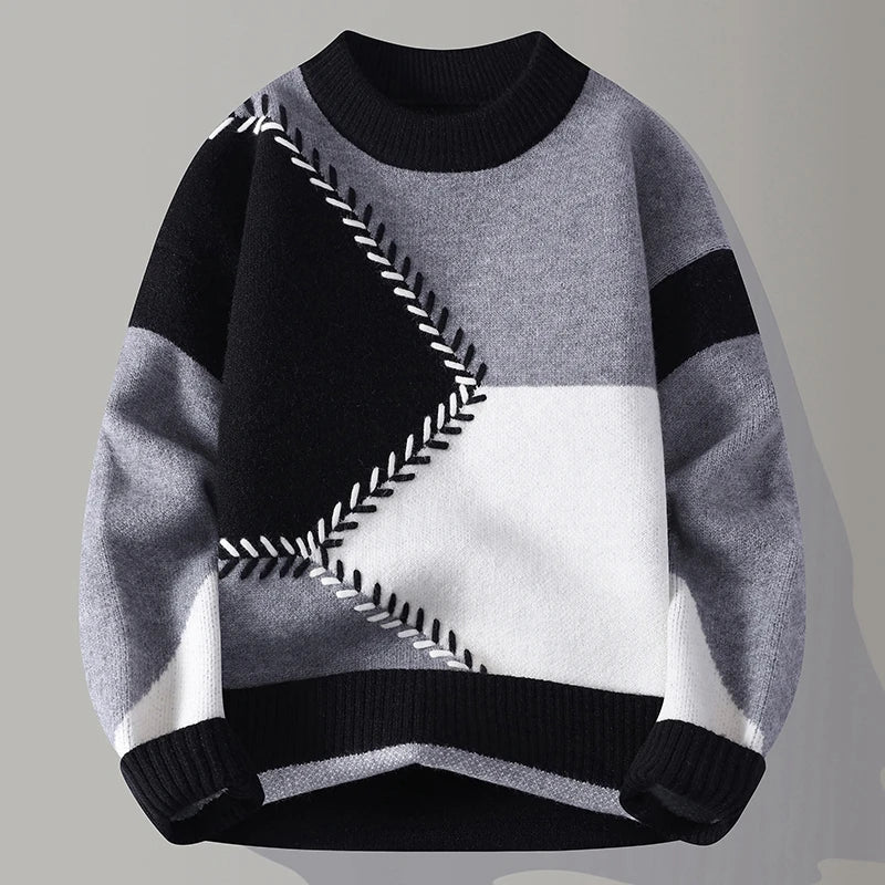 Męski Pulower z Geometrycznym Wzorem Color Blocking i Prążkowanym Wykończeniem