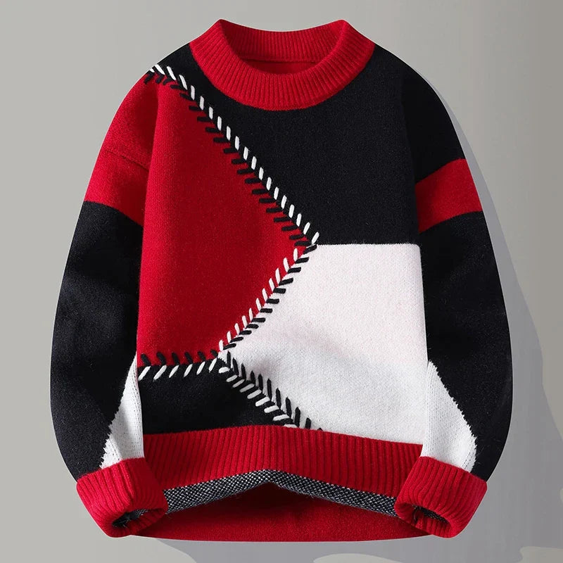 Męski Pulower z Geometrycznym Wzorem Color Blocking i Prążkowanym Wykończeniem