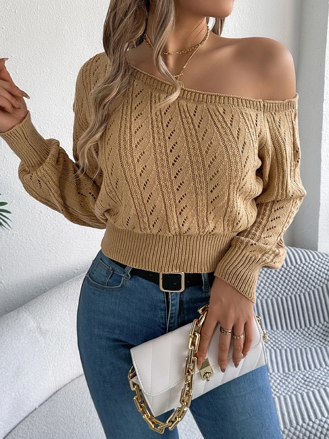 Damski Sweter Jesienny Dekolt Slash Off Shoulder Ściągacze