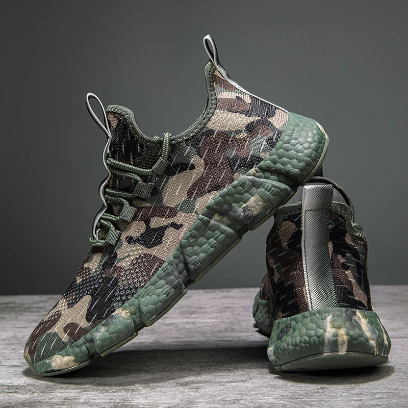 Męskie Sneakersy z Oddychającą Siatką, Wzorem Kamuflażu i Grubą Podeszwą