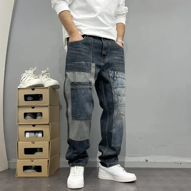 Męskie Jeansy Patchwork Cargo Zwężane Nogawki
