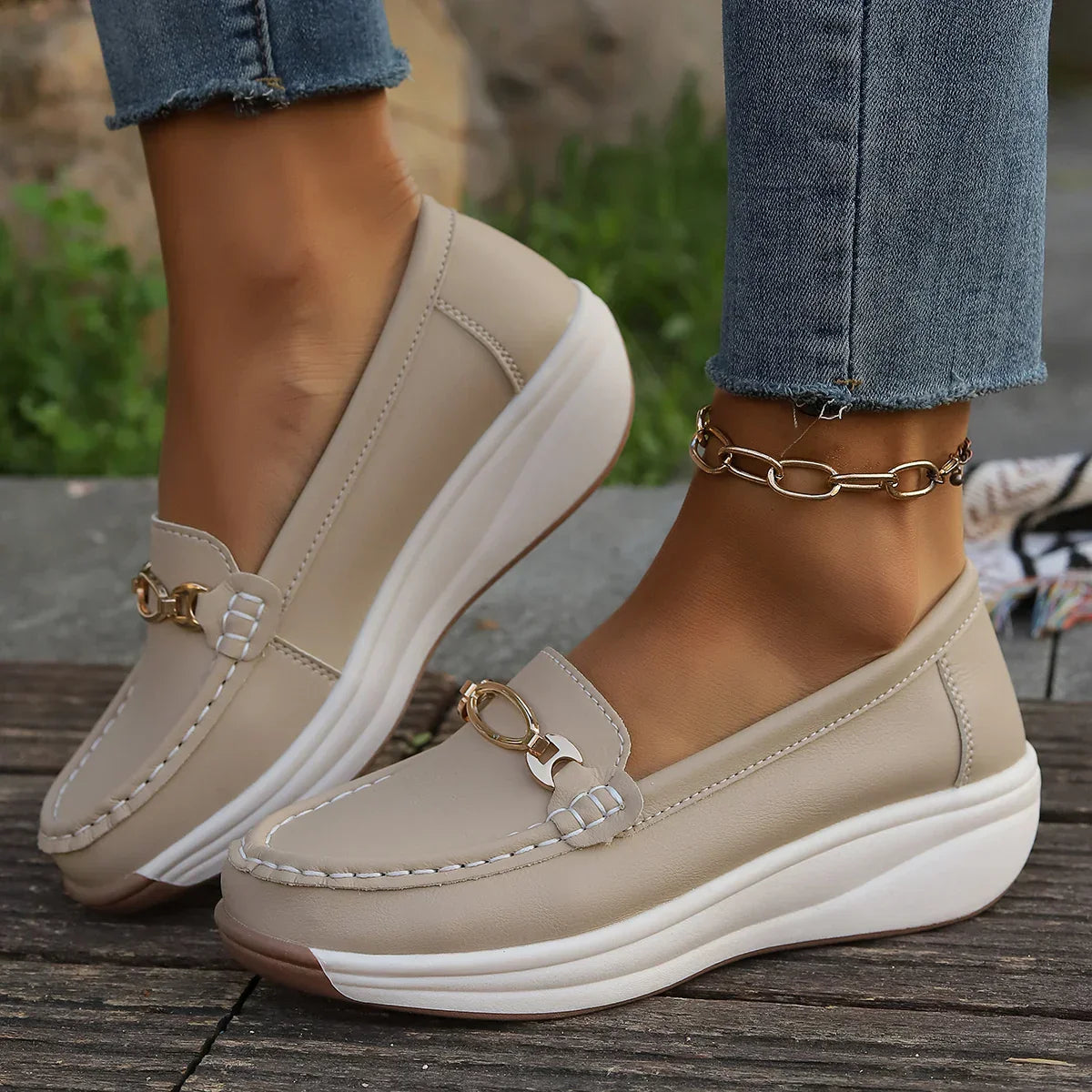 Damskie Mokasyny Na Platformie Gold Bit Slip On Z Elastyczna Podeszwa